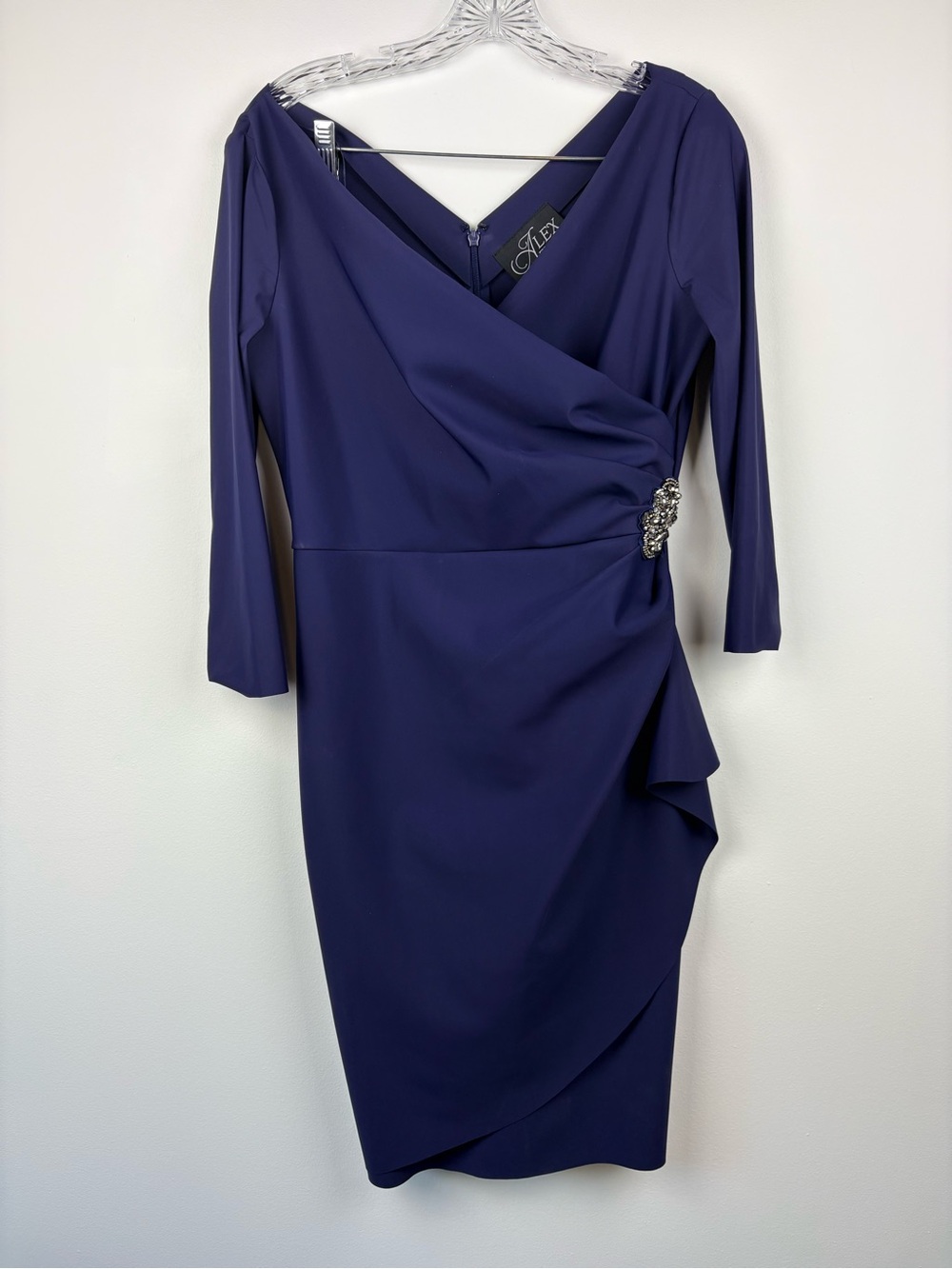 Alex Evenings Diana Cascade Ruffle Sheath Contour Dress Navy Blue Sz 8 - Picture 2 of 14